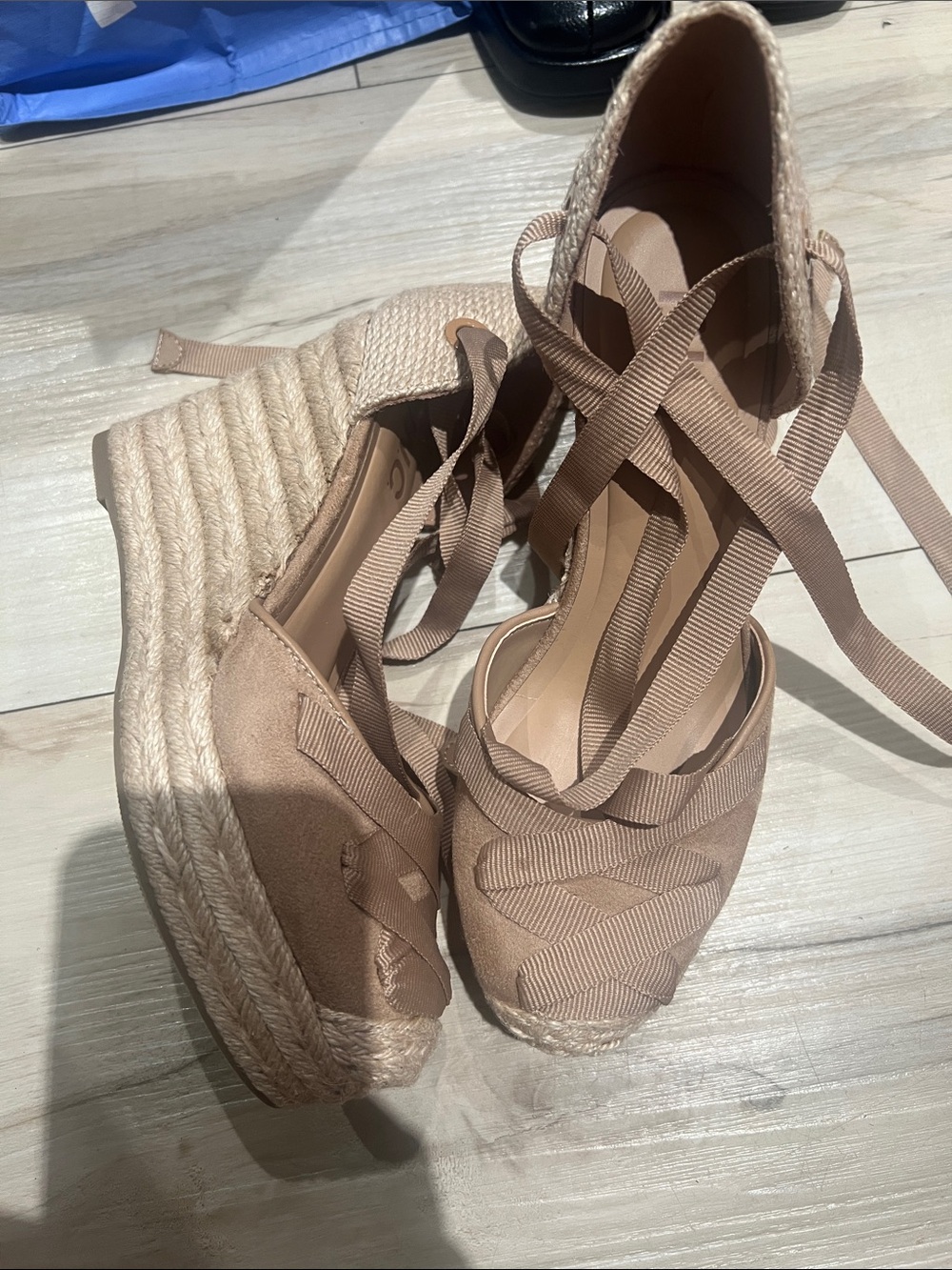 Womens Beige Espadrille Platform Wedge Sandals with Wrap Ties